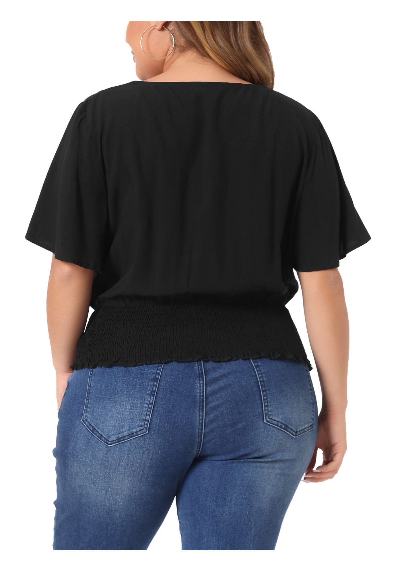 V Neck Button Up Short Sleeve Shirred Crop Shirt Blouse, Black / Black, alternate image number 3