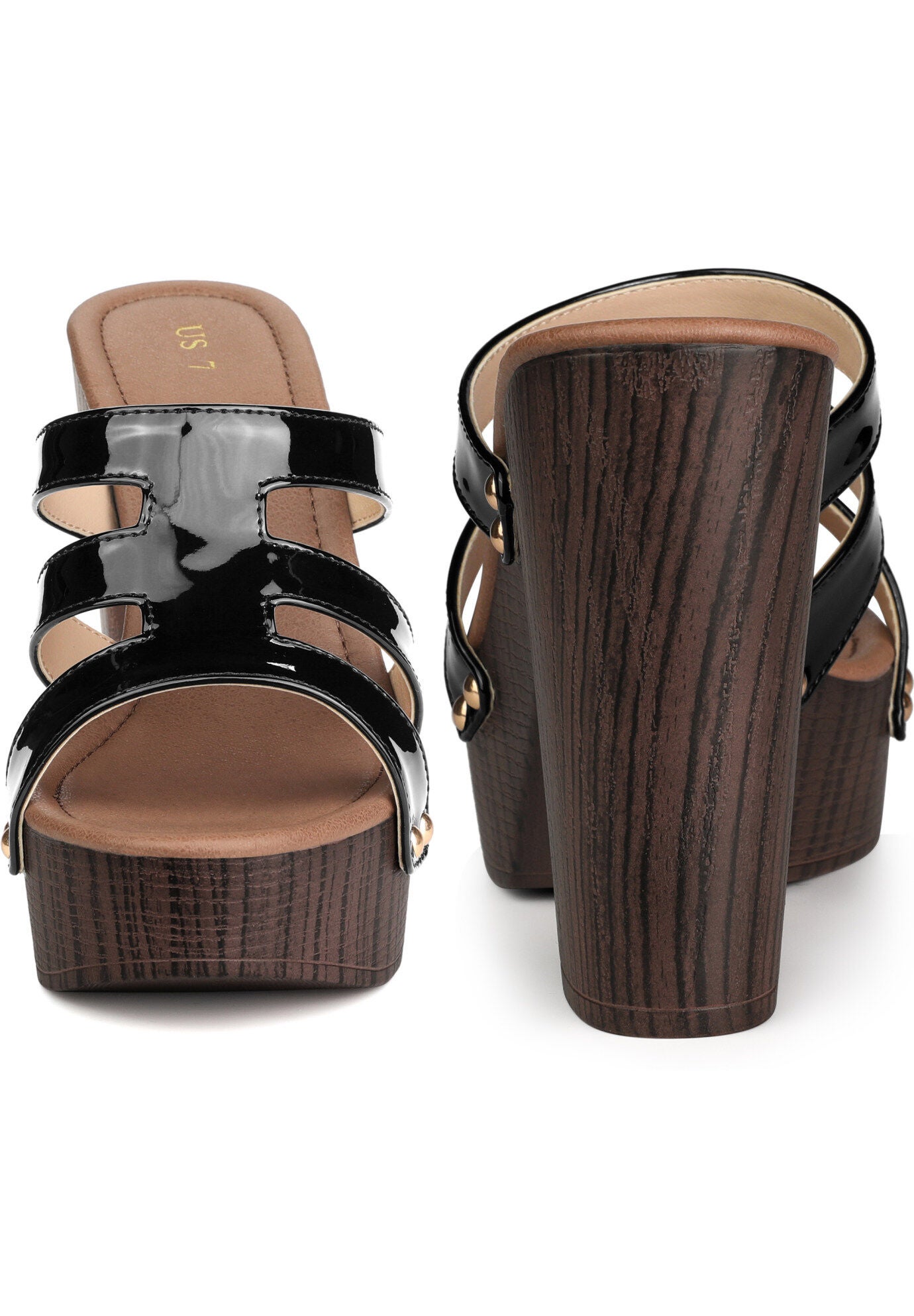 Platform Open Toe Slide Chunky Heels Sandals, Black / Black, alternate image number 1