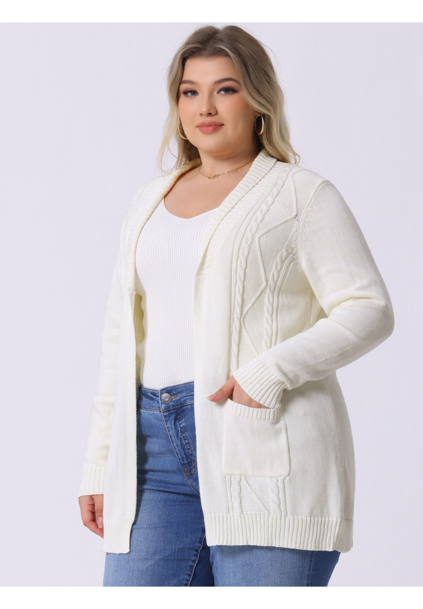 SHAWL COLLAR OPEN FRONT SWEATER CARDIGAN, White / White, alternate image number 3