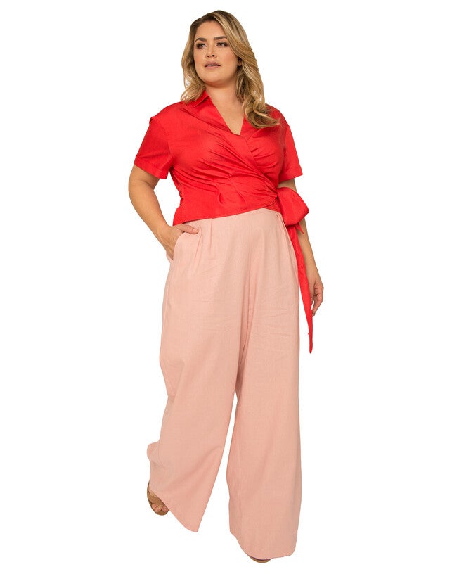 Cici Plus Size High Rise Wide Leg Linen Peach Lounge Pants, Peach / Peach, alternate image number null