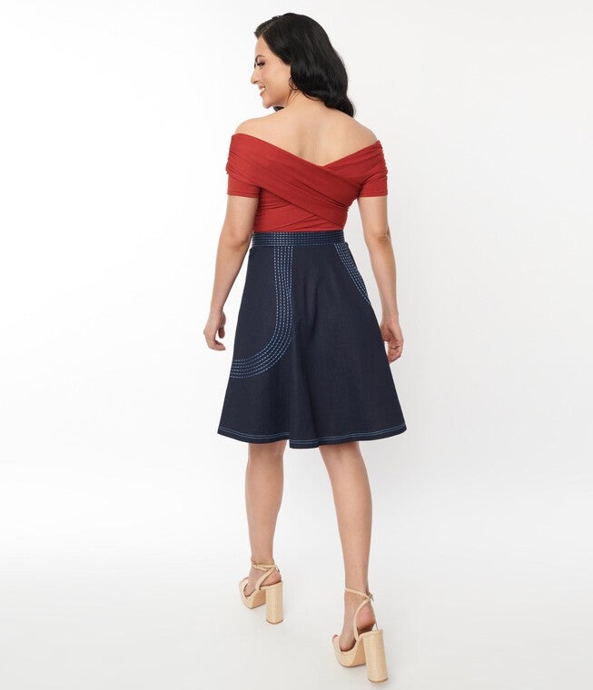 Unique Vintage Denim Blue Patch Pocket Swing Skirt, , alternate image number 8