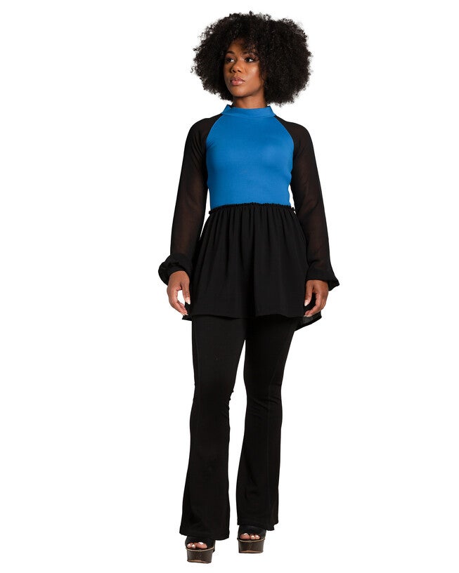 Annie Women's Mock Neck Lantern Sleeve Two Tone Peplum Tunic Top, Turquoise / Turquoise, hi-res image number 0