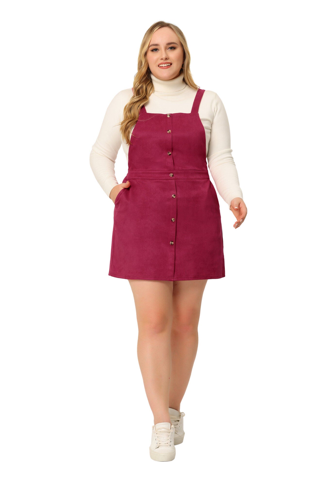 HIGH WAIST A-LINE SUEDE SUSPENDER SKIRT OVERALL DRESS, Dark Red / Red, hi-res image number 0