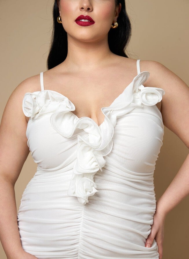 ORCHID MESH 3D FLOWER MIDI BODYCON DRESS, White / White, alternate image number 2