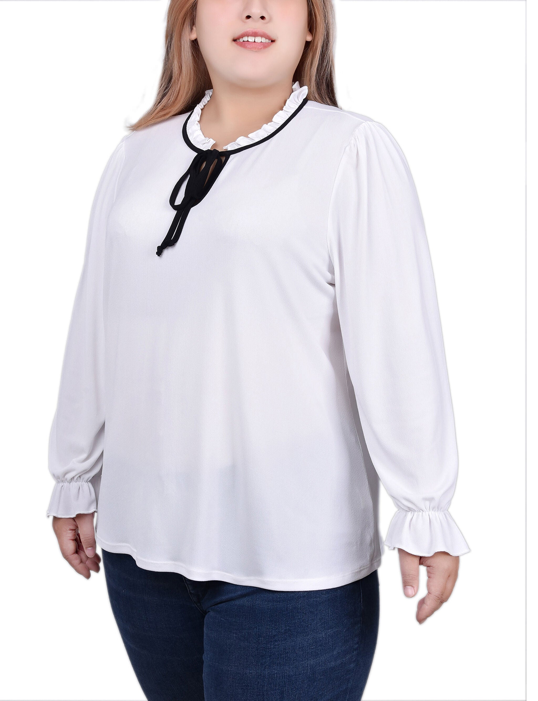 Long Sleeve Tie Neck Top, White Black / white, alternate image number 1