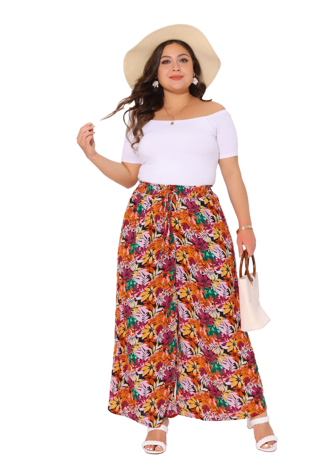 Wide Leg Floral Palazzo Pants Flowy Beach Trousers with Pocket, Black Red / Burnt Orange, hi-res image number 0