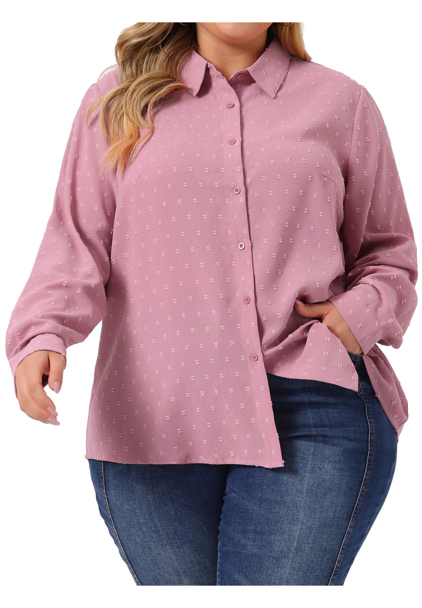 Swiss Dots Long Sleeve Button Down Shirt Blouse, Pink / Pink, alternate image number 1
