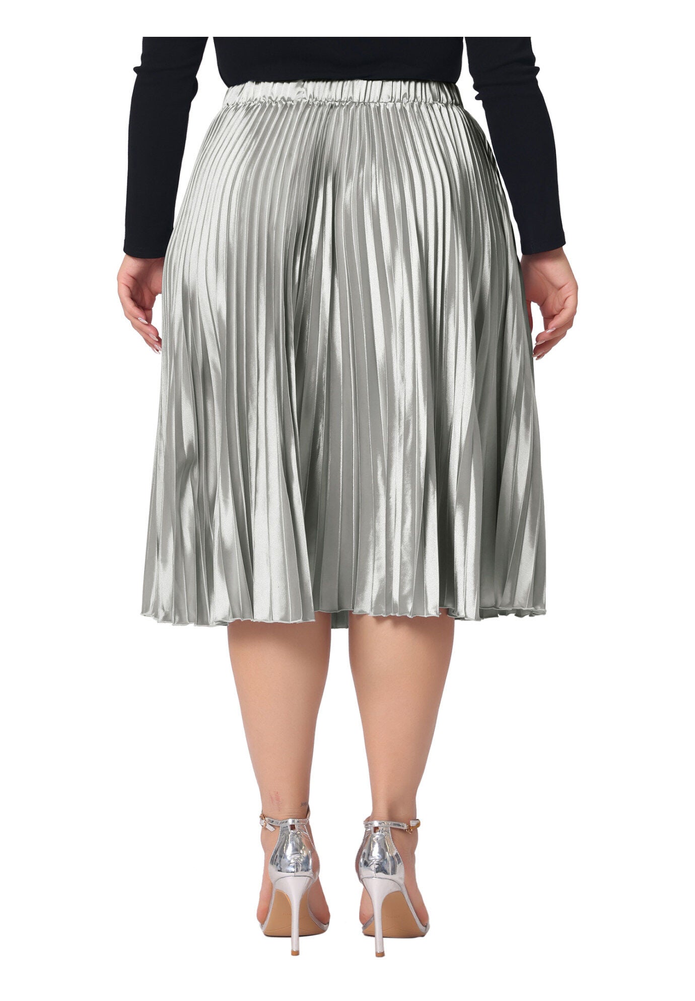 Elastic High Waist Metallic Shiny Accordion Pleated Midi Skirt, Silver / Silver, alternate image number 3