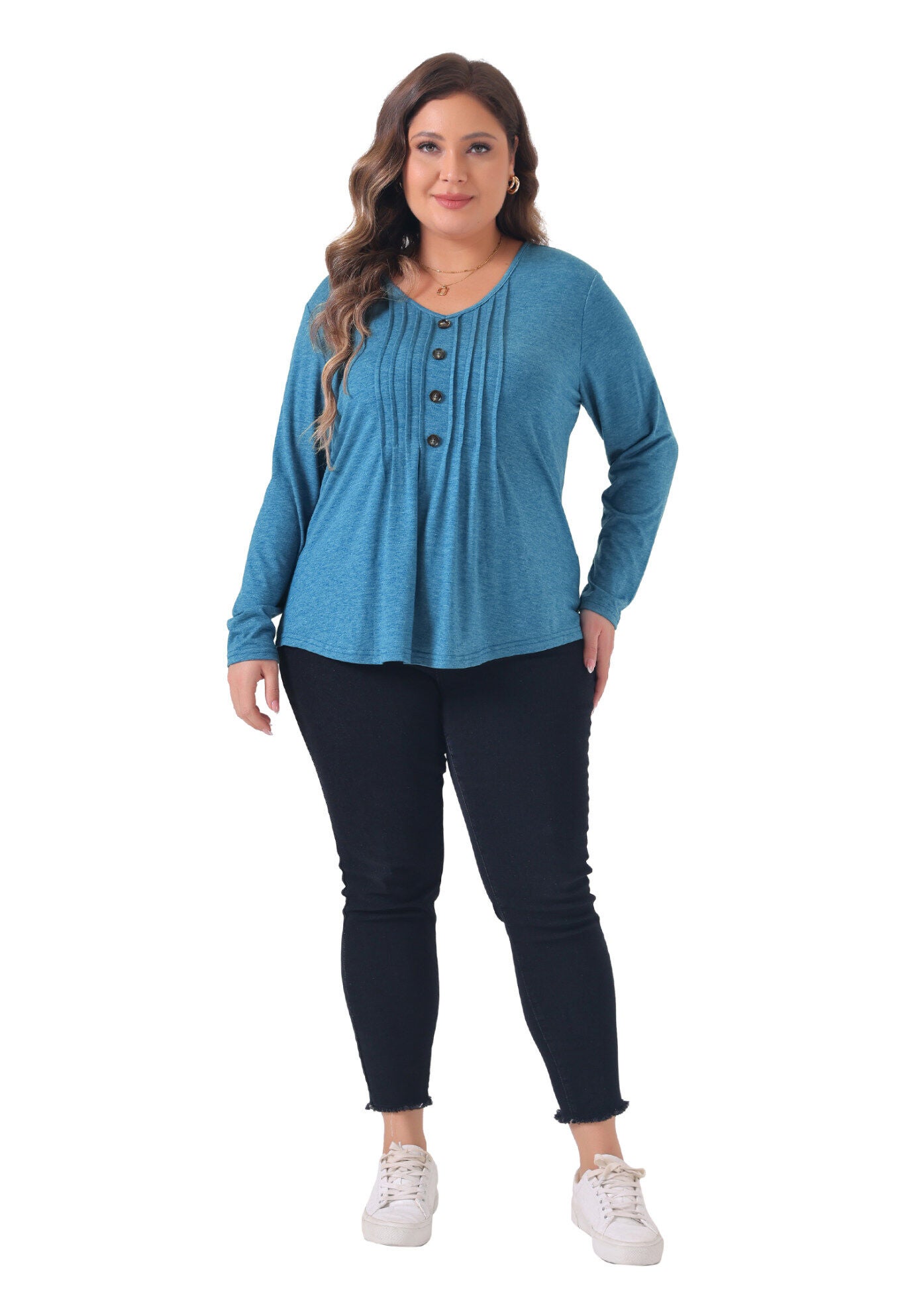Long Sleeve Pleated Front V Neck Button Blouse, Gray Blue / Azure Blue, hi-res image number 0