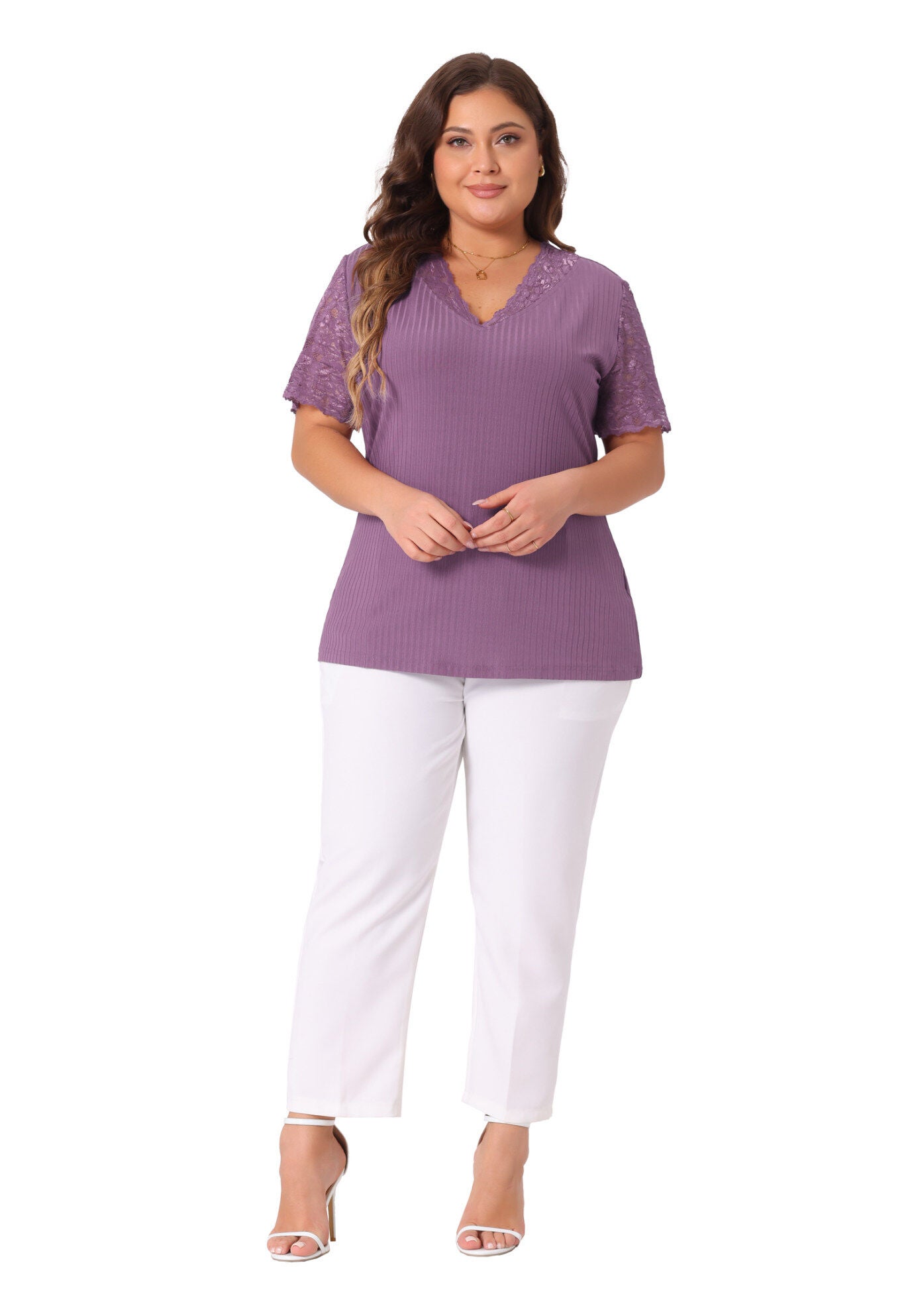 V Neck Short Sleeve Lace Ribbed Knit Tunic Top, Purple / Purple, hi-res image number 0