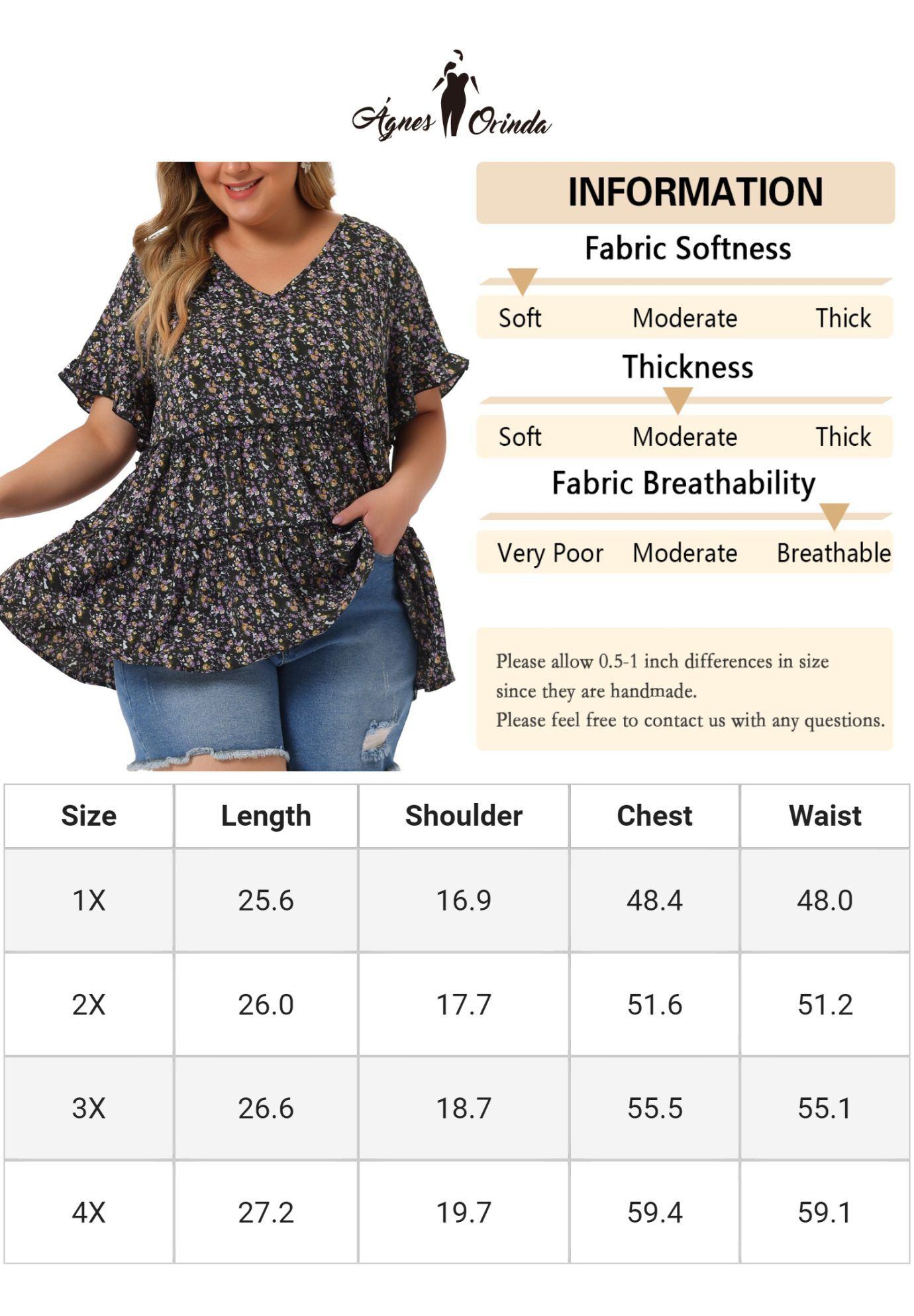 Floral Print V Neck Ruffles Sleeve Tiered Babydoll Blouse, Black Purple / Purple, alternate image number 4