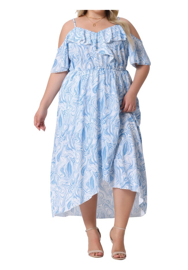 Floral Cold Shoulder Short Sleeve Asymmetrical Ruffle Maxi Dress with Pocket, Light Blue / Light Blue, alternate image number 2