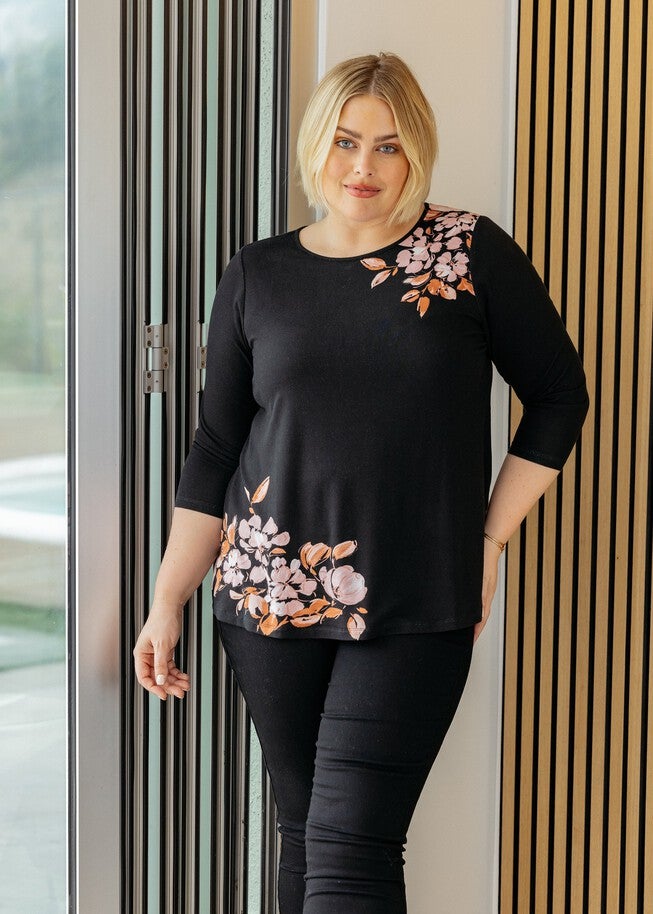 Lindsey Floral Knit Top with Open Back Yoke, N376 Pink / Pink, hi-res image number 0