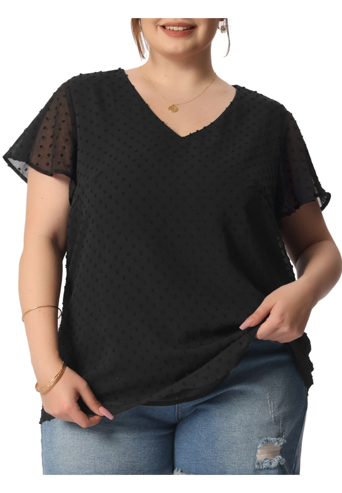Swiss Dots Blouse V Neck Summer Short Sleeve Casual Top, Black / Black, alternate image number 1