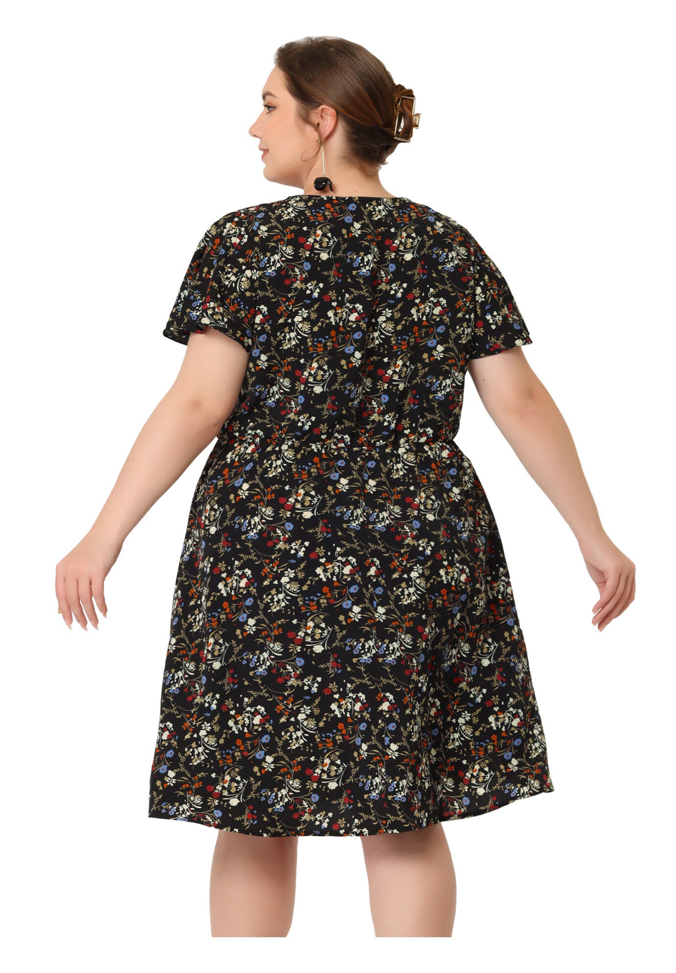 Summer V Neck Flare Sleeve Peplum Midi Ruffle Dress, Black / Black, alternate image number 3