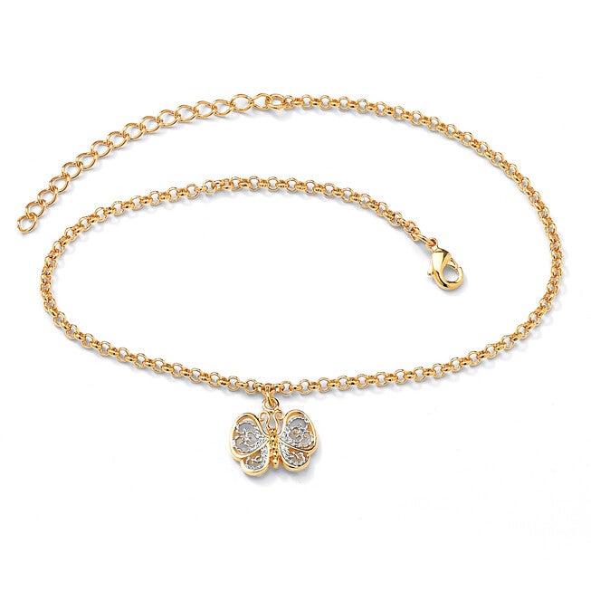 18k Gold-Plated Two-Tone Filigree Butterfly Ankle Bracelet Adjustable 9 inches to 11 inches, Yellow / Yellow, alternate image number null