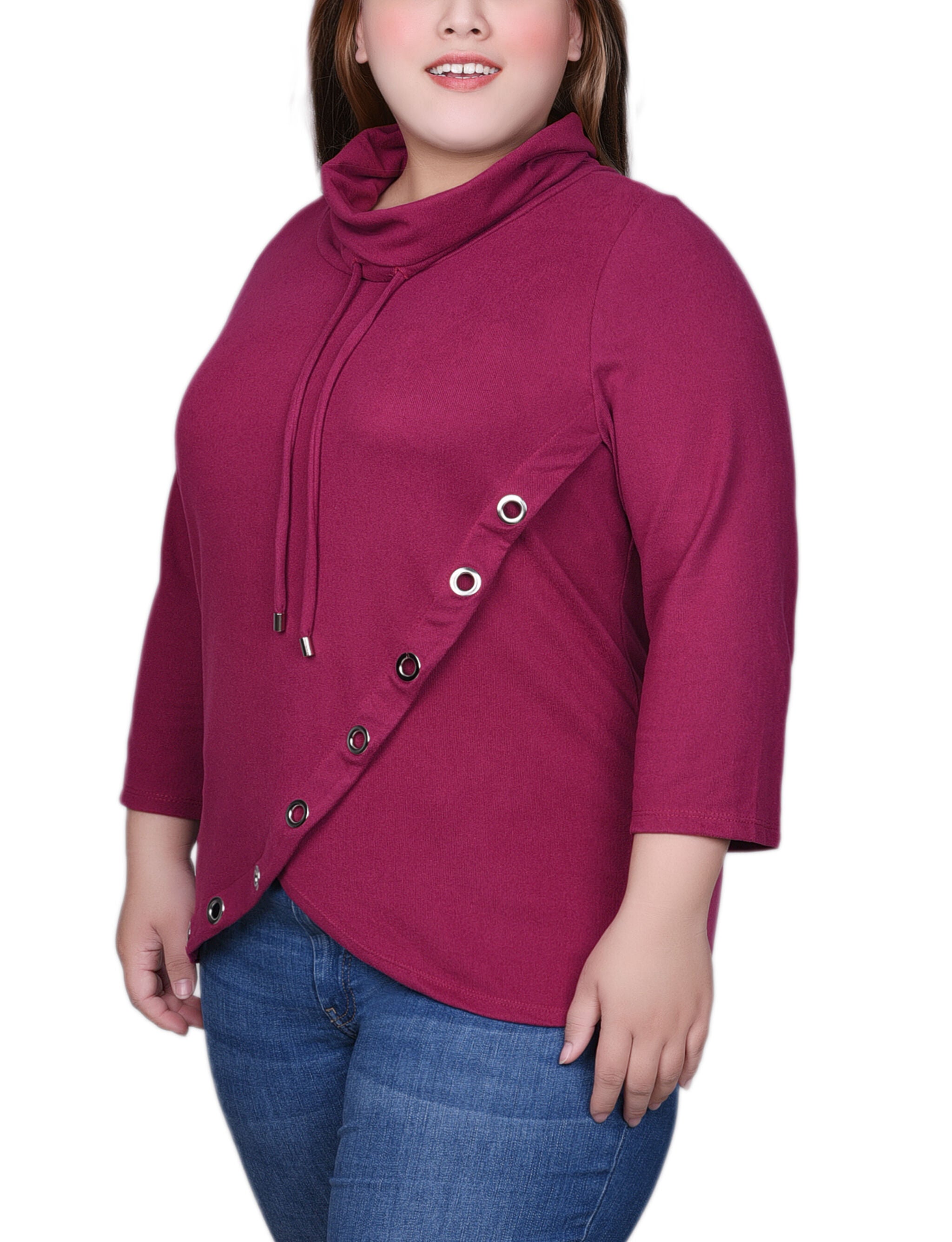 Plus Size 3/4 Slv Top With Grommet Hem, Raspberry Radiance, alternate image number 2
