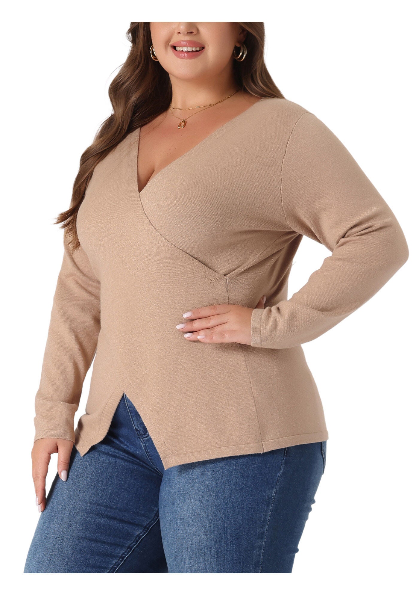 Wrap V Neck Criss Cross Asymmetrical Knit Top, Khaki / Brown, alternate image number 4