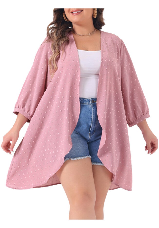 OPEN FRONT 3/4 SLEEVE SWISS DOTS LIGHTWEIGHT COVER UP CARDIGAN, Pink / Pink, alternate image number 1