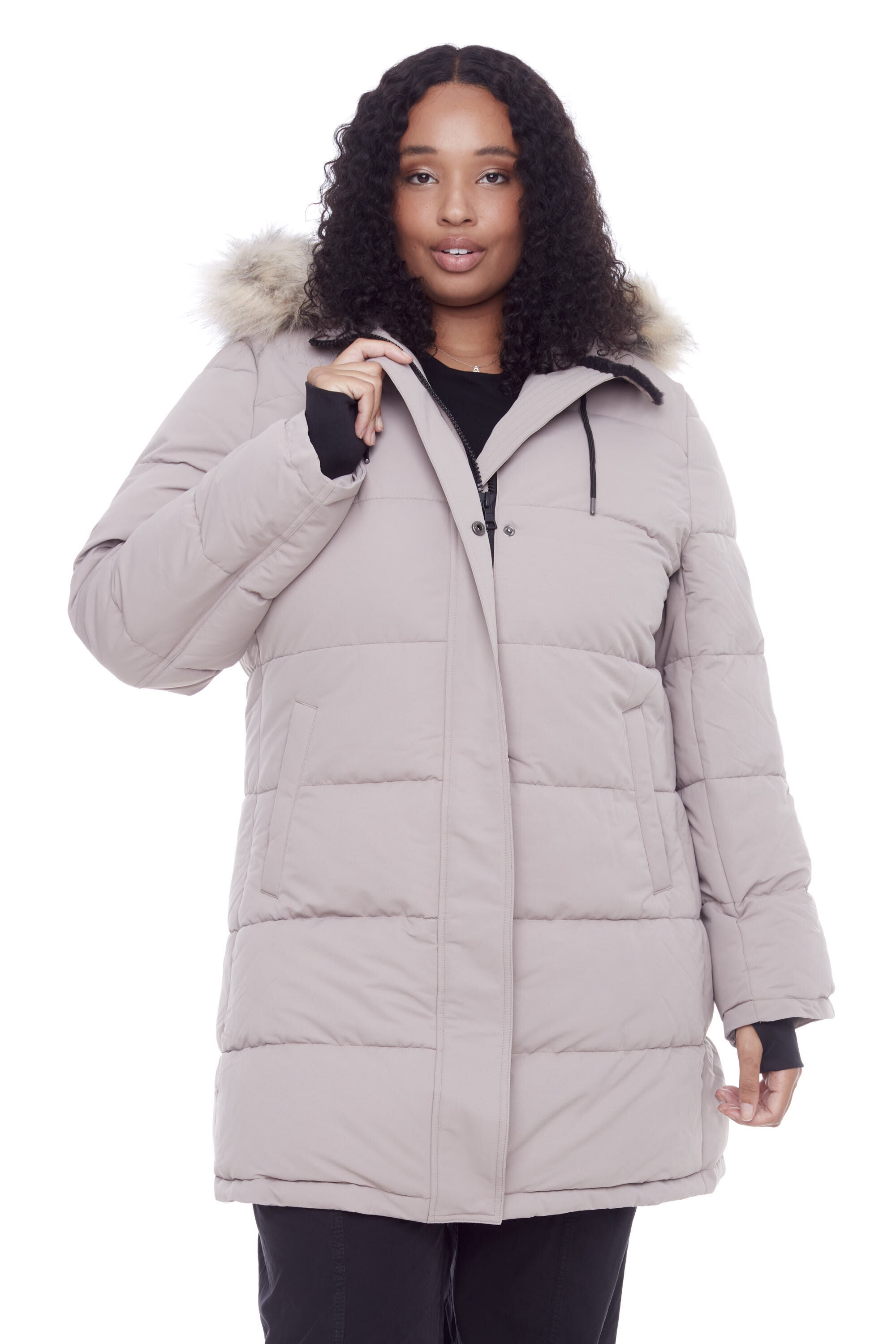 Women&#39;s Plus Size - AULAVIK | Vegan Down Recycled Mid-Length Hooded Parka Coat, Light Taupe / Taupe, hi-res image number 0