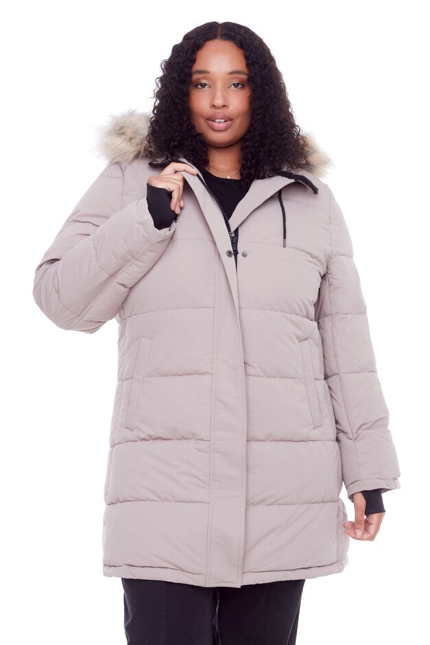 Women's Plus Size - AULAVIK | Vegan Down Recycled Mid-Length Hooded Parka Coat, Light Taupe / Taupe, hi-res image number 0