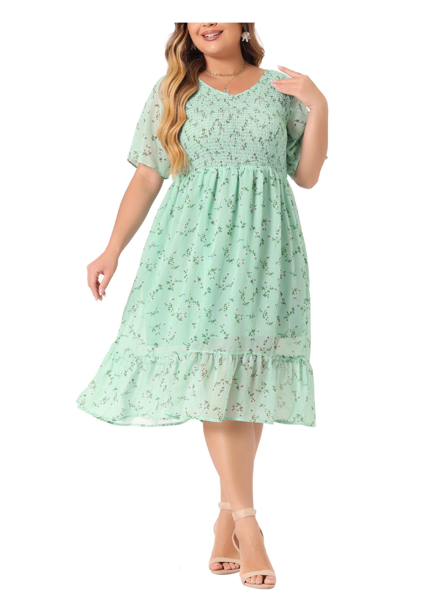 Flare Smock Ruffle Chiffon Floral Midi Dress, Light Green / Light Green, alternate image number 2