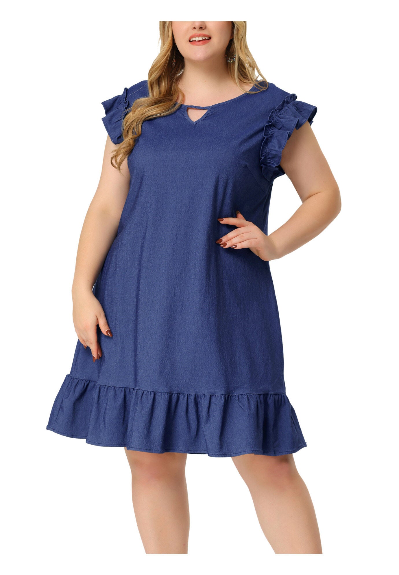 Summer Ruffle Hem Flared Short Sleeve V Neck Chambray Dress, Blue / Chambray Denim Medium, alternate image number 2