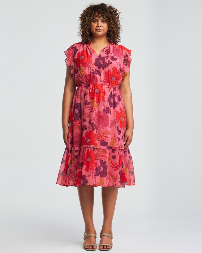 Delta Pink Floral Midi Frill Dress, Print / Pink, hi-res image number 0