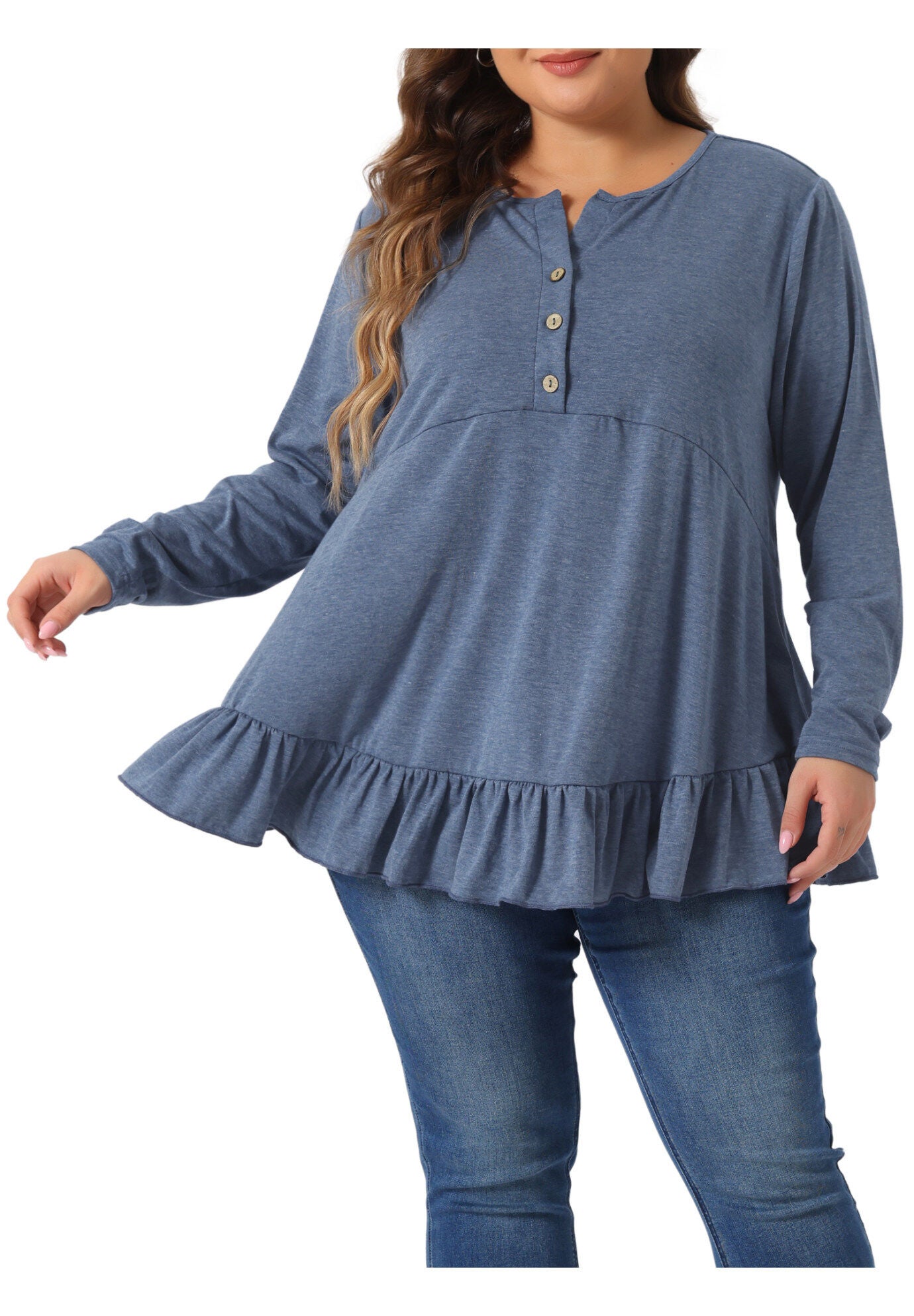 Henley V Neck Ruffled Hem Flowy Blouse Tunic, Blue / Dusty Blue, alternate image number 2