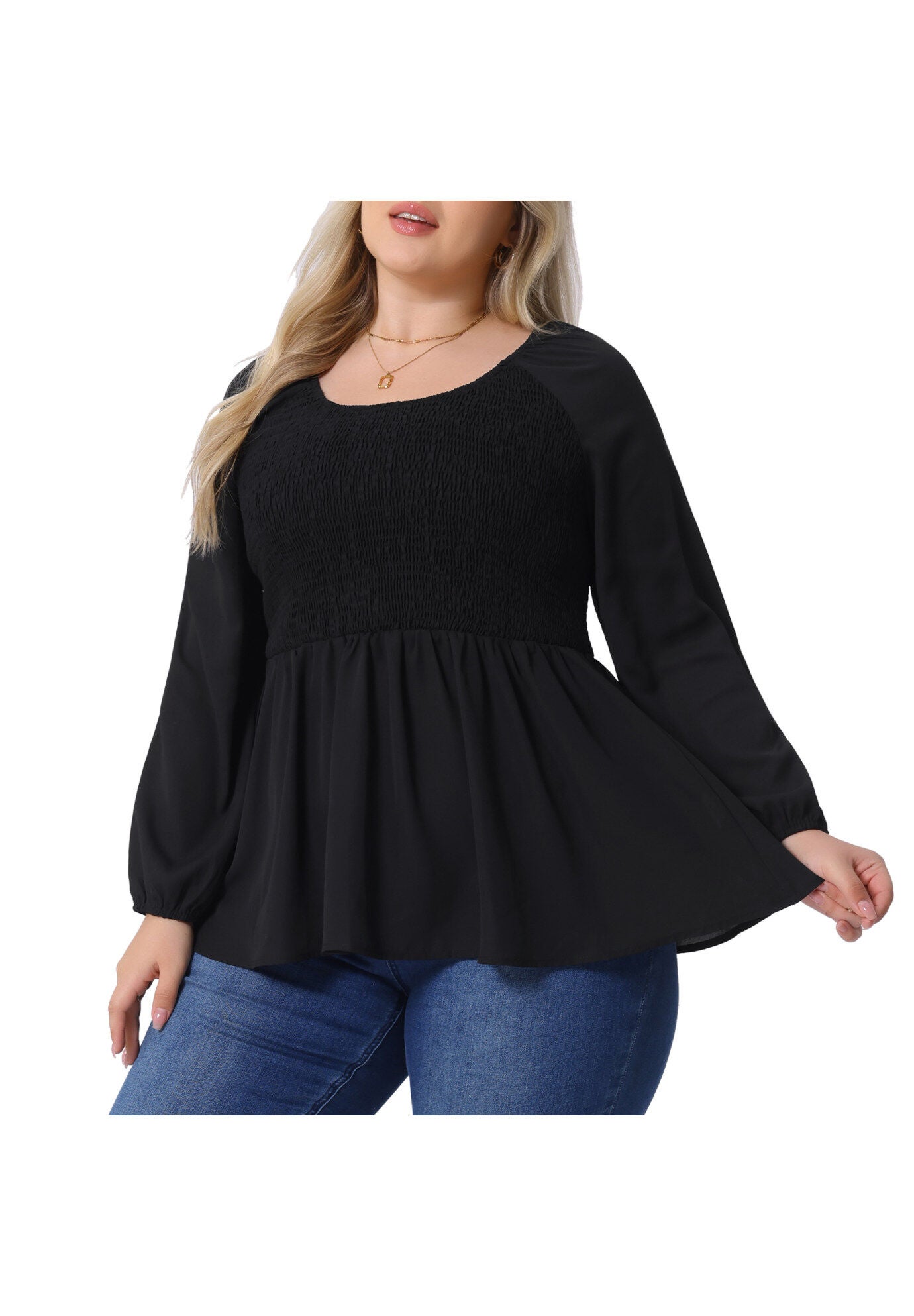 Smocked Peplum Crew Neck Long Sleeve Babydoll Chiffon Shirt Top, Black / Black, alternate image number 2