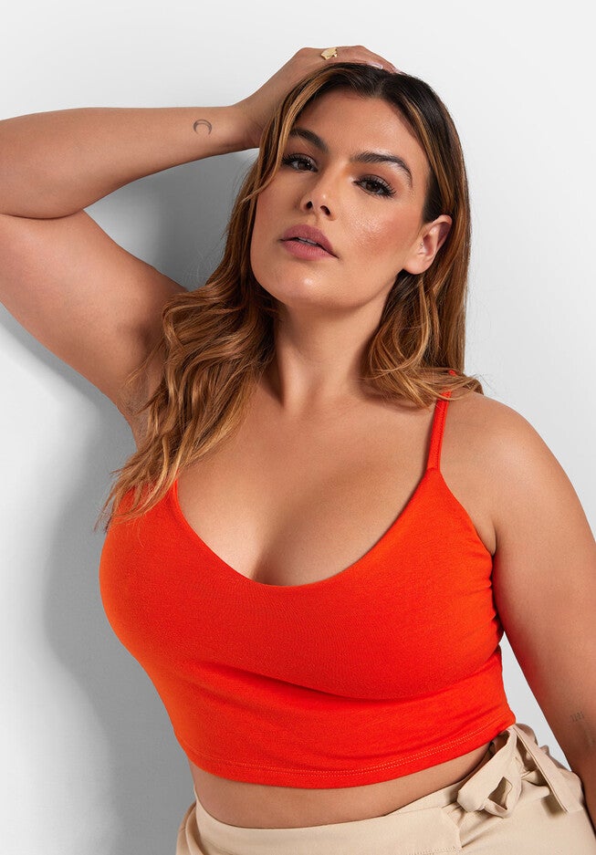 Essential V Neck Strappy Crop Top, Orange / Orange, alternate image number 3