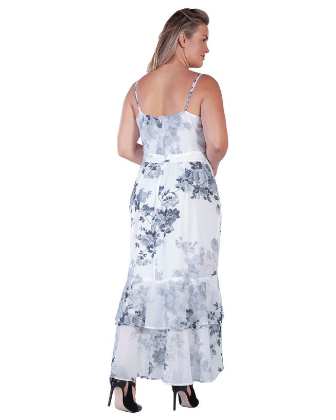 Samara Womens Plus Size Floral Print High-Low Ruffle Hem Maxi Dress, Black White Floral / Black, alternate image number 2