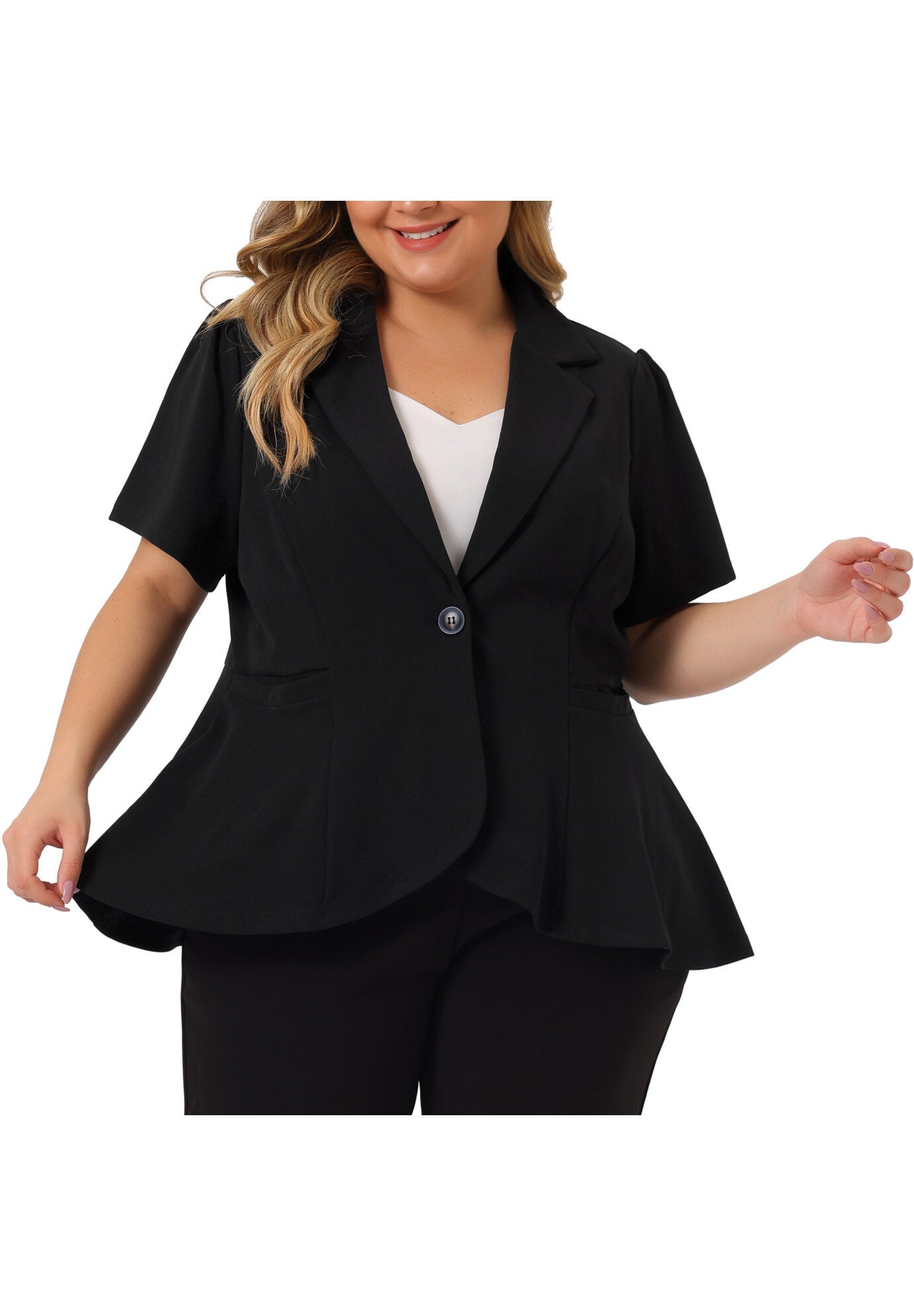 SHORT SLEEVE BUTTON BUSINESS SUIT BLAZER, Black / Black, alternate image number 2