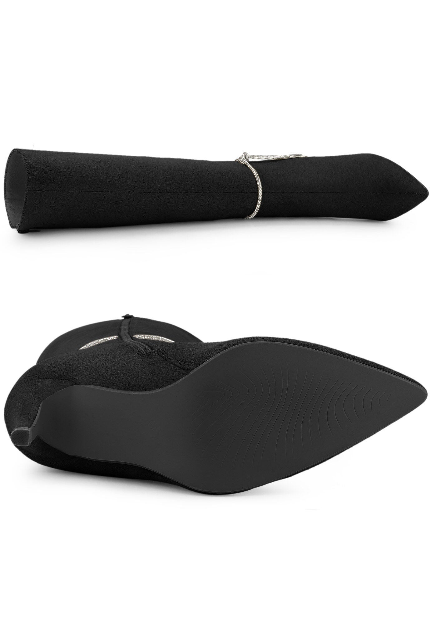 Rhinestone Chain Pointed Toe Stiletto Heels Knee High Boots, Black / Black, alternate image number 3