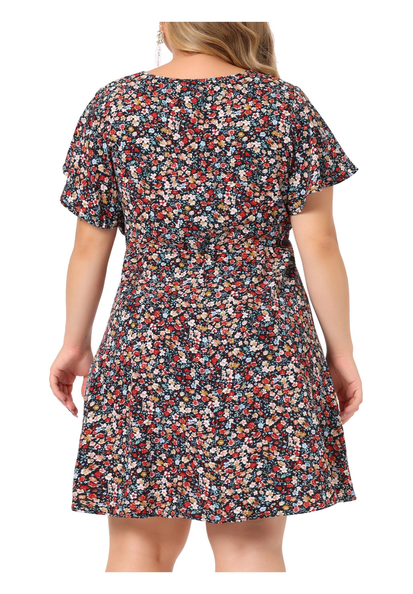 Floral Drawstring Waist V Neck Dress, Black Red / Black, alternate image number 3