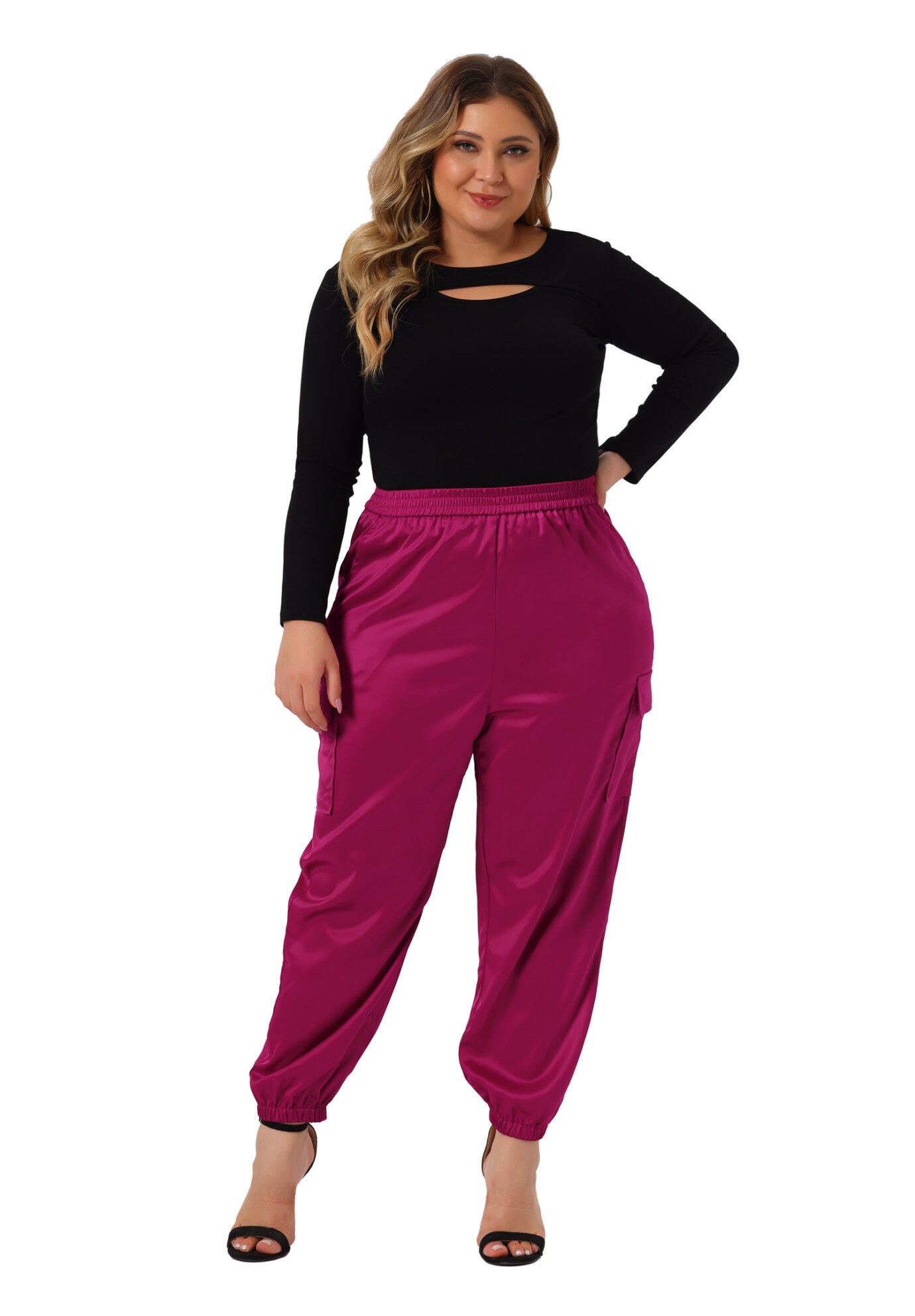 SATIN JOGGERS ELASTIC WAIST ATHLEISURE ANKLE LENGTH CARGO PANTS, Hot Pink / Pink, hi-res image number 0