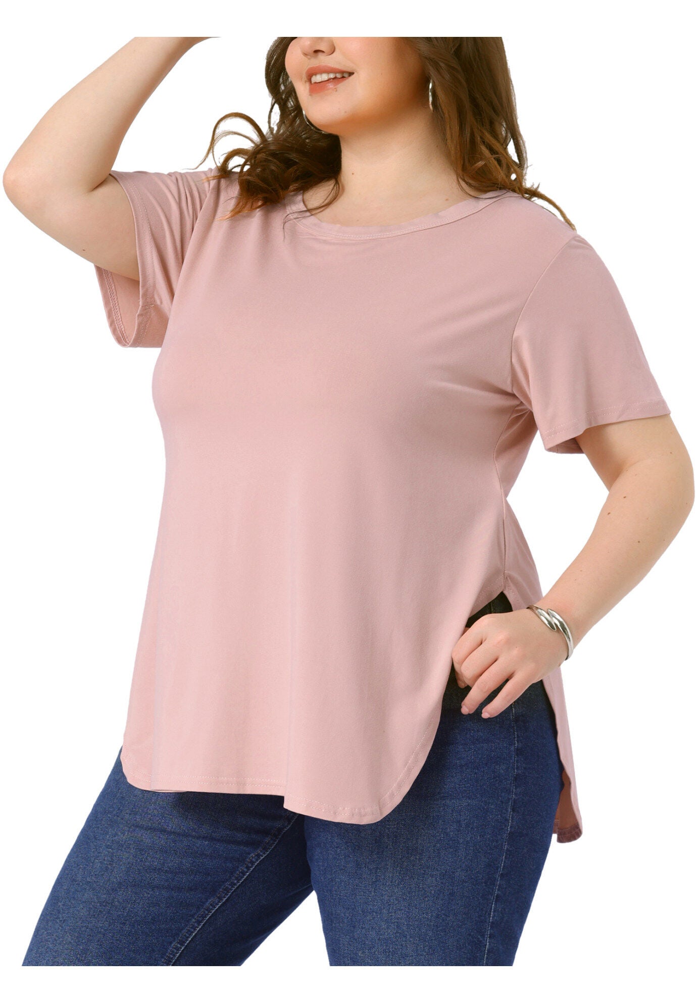 Short Sleeve Round Neck Side Split Hem T-Shirts, Pink / Pink, alternate image number 2