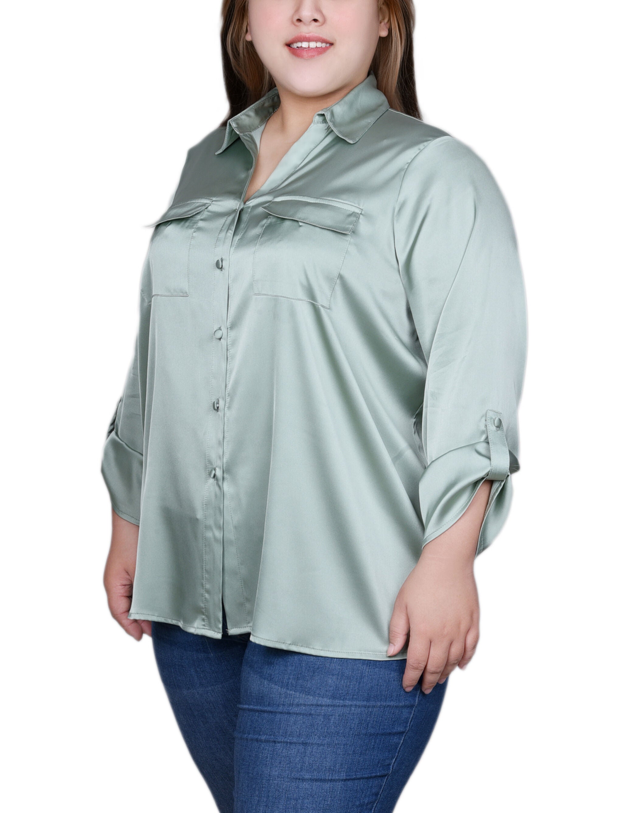 3/4 Sleeve Roll Tab Satin Blouse, , alternate image number 4
