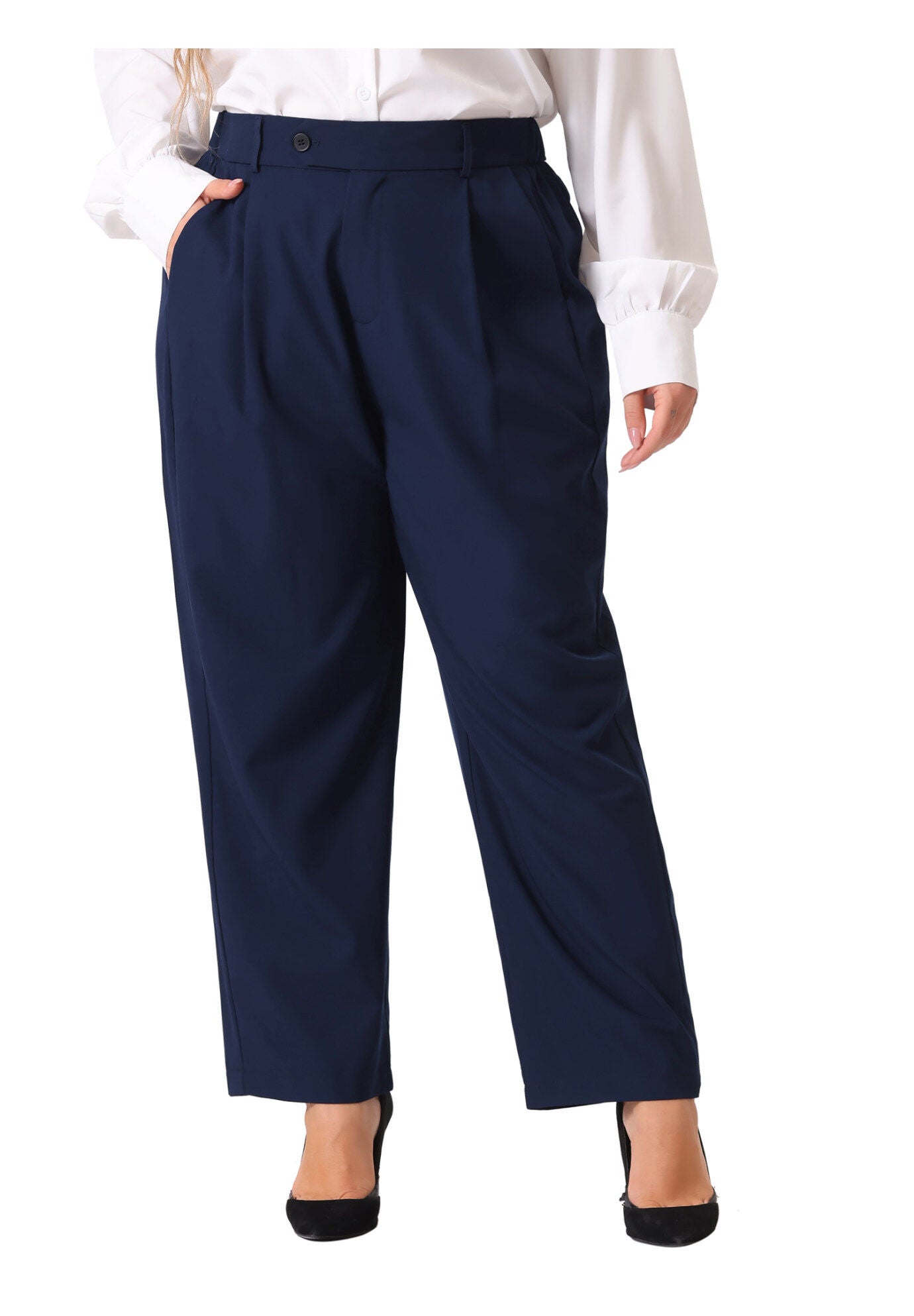 ELASTIC HIGH WAISTED LONG STRAIGHT BUSINESS CASUAL TROUSERS, Navy Blue / Navy, alternate image number 1