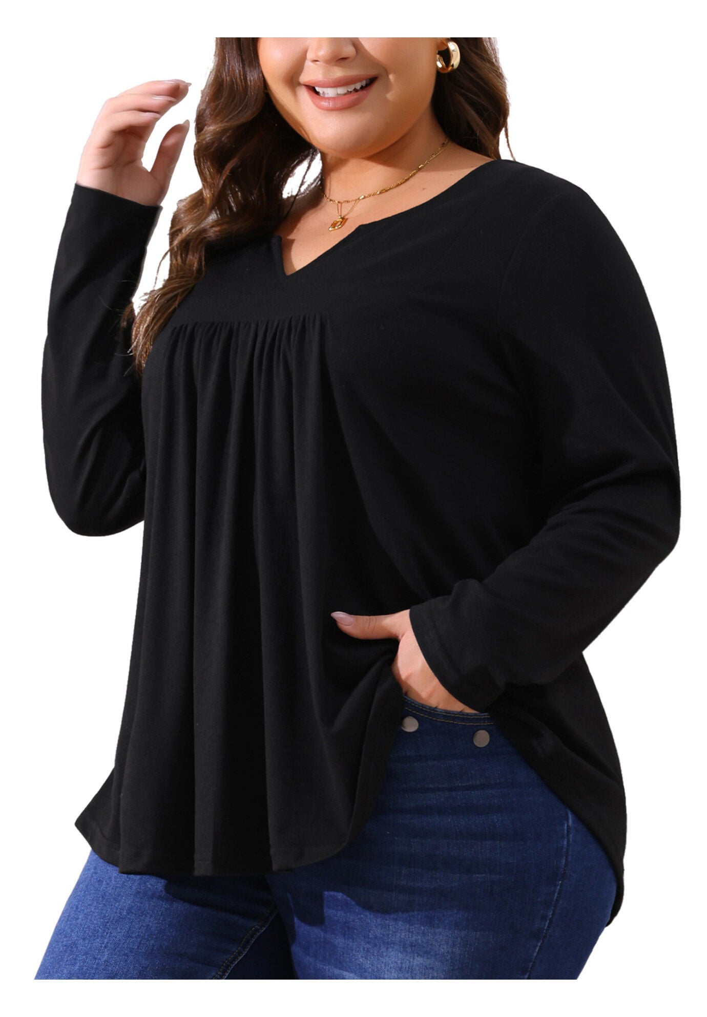 Notched Neck Long Sleeve Front Pleated Blouse, Black / Black, alternate image number 1