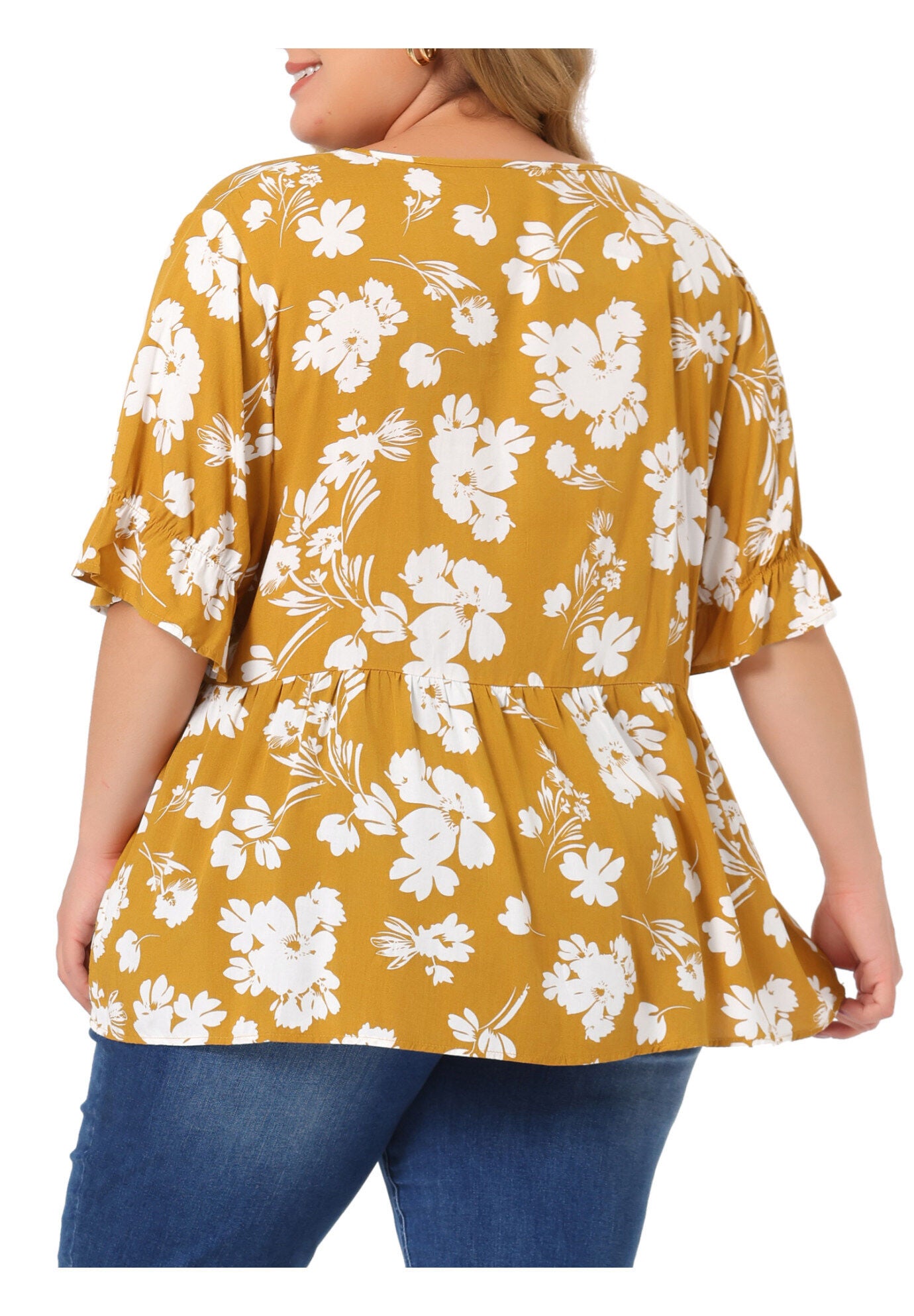 Floral Peplum Top V Neck Ruffle Short Sleeve Babydoll Blouse, Yellow / Yellow, alternate image number 3