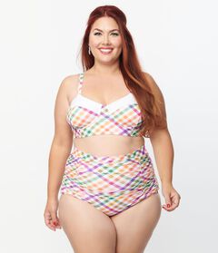 Unique Vintage Pastel Madras Gingham Marlene Crop Swim Top