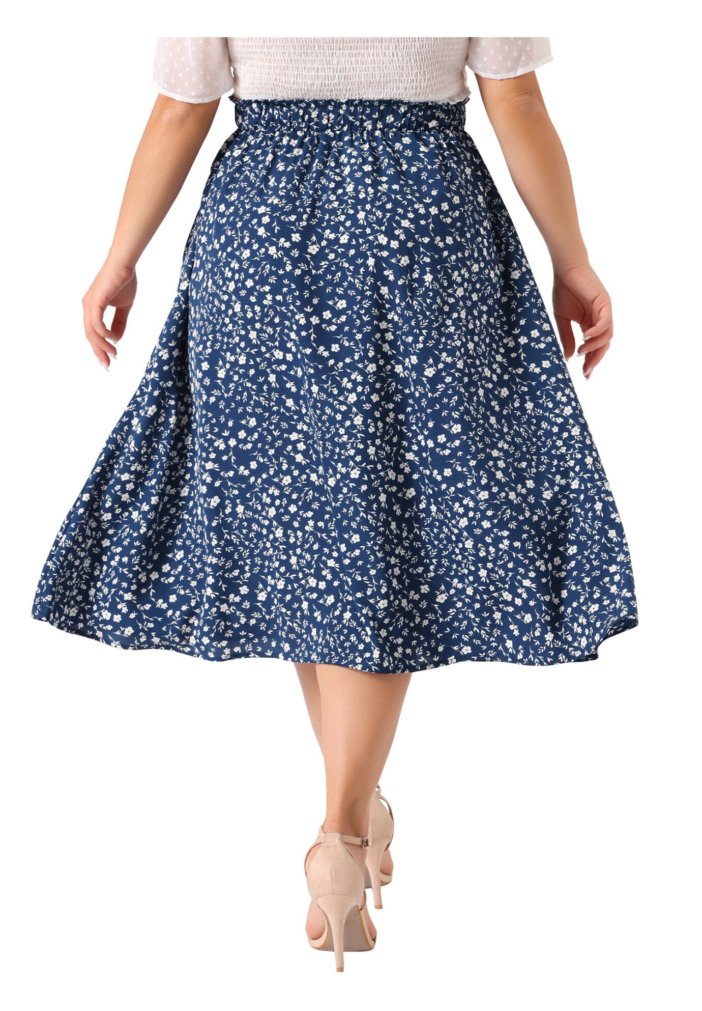 Printed Chiffon Elastic Waist Flowy Midi Skirt with Pockets, Navy Blue / Navy, alternate image number 3