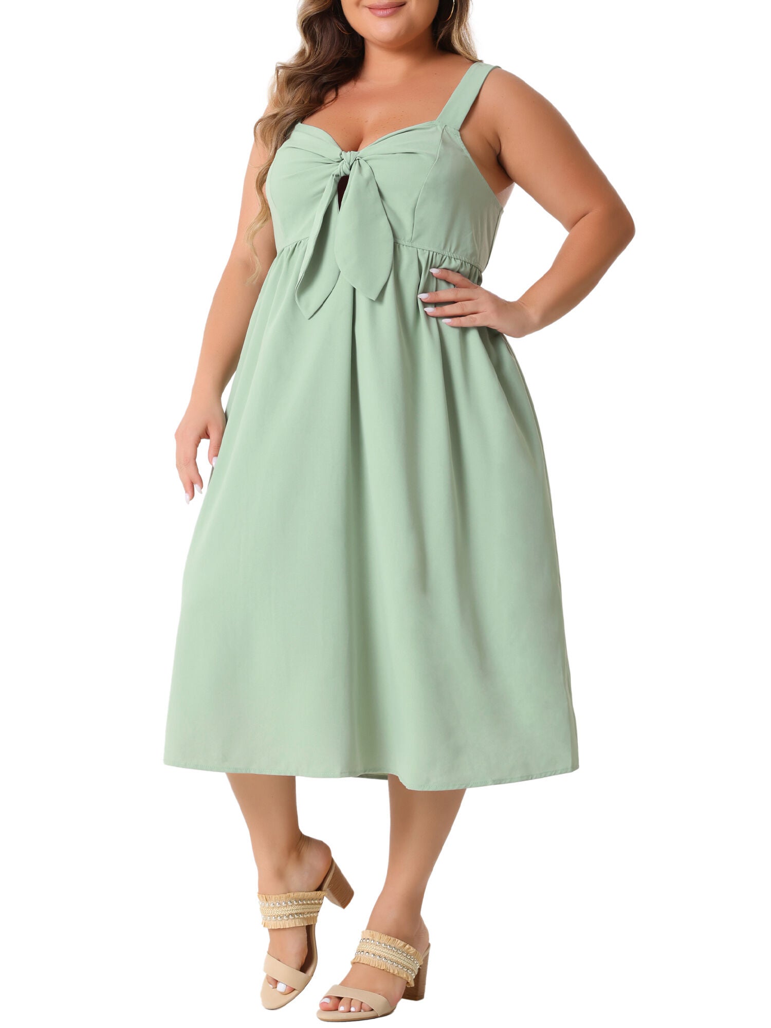 Bow Flowy Back Smocked Midi Cami Dress, Green / Mint, alternate image number 1