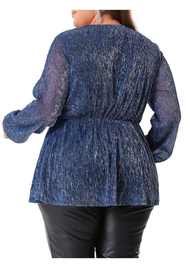 Glitter Sequin V-Neck Waist Pleat Blouse Lantern Sleeve Peplum Top, Navy Blue / Navy, alternate image number 3