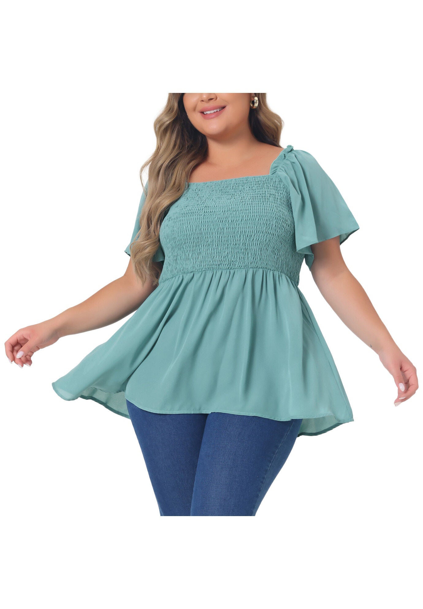 Square Neck Short Sleeve Ruffle Hem Loose Fit Blouse, Green / Mint, alternate image number 2