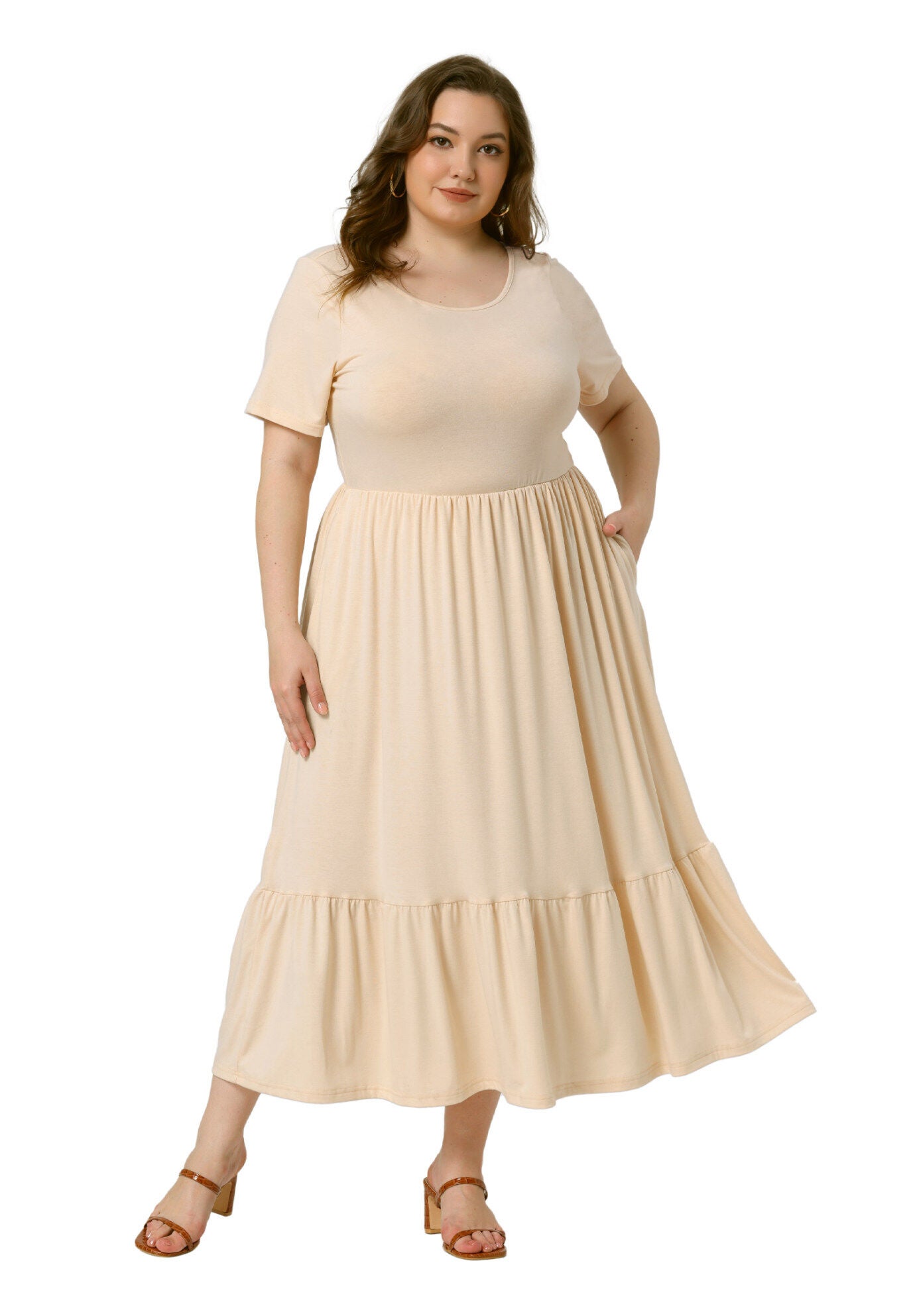 Short Sleeve Crew Neck Swing Flowy Summer Maxi Dress, Beige / Beige, hi-res image number 0