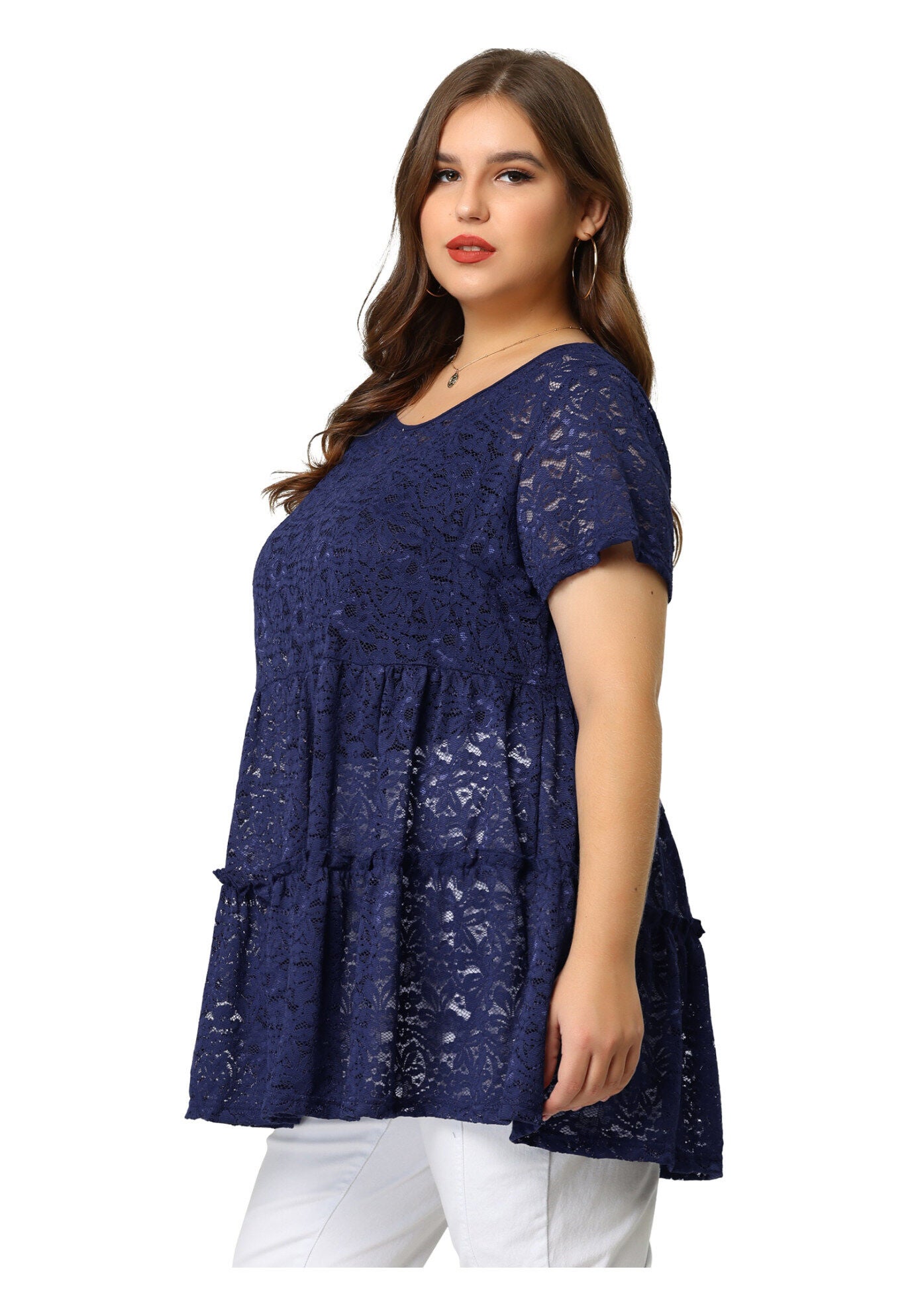 Babydoll Blouse Lace Allover Short Sleeve Tiered Peplum Top, Navy / Navy, alternate image number 3
