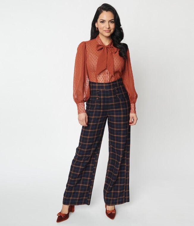 Unique Vintage Navy & Orange Plaid High Waist Sailor Ginger Pants, Blue / Navy, hi-res image number null