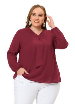 V Neck Long Sleeve Ruffle Tie Front Office Work Chiffon Blouse Top